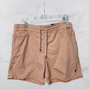 POLO Ralph Lauren Swim Shorts Drawstring Pockets Orange Gingham Medium